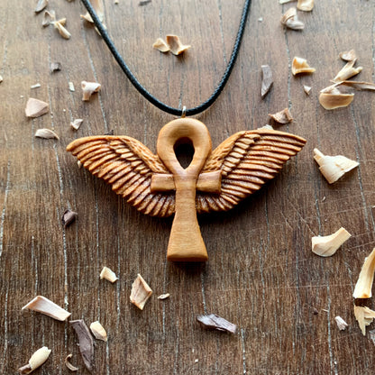 Ankh with Wings Necklace, Handmade Olive Wood Pendant