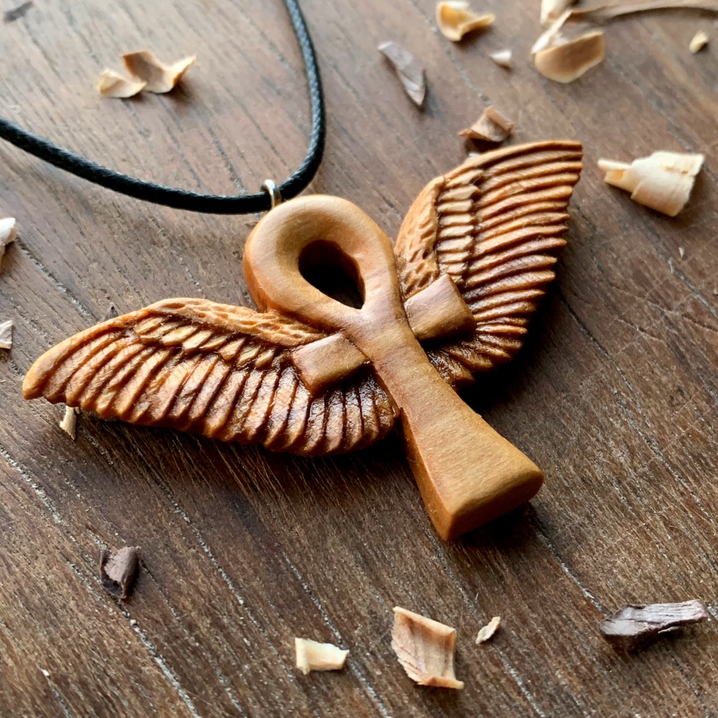 Ankh with Wings Necklace, Handmade Olive Wood Pendant