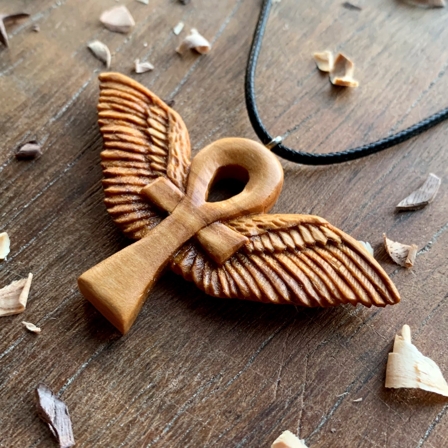 Ankh with Wings Necklace, Handmade Olive Wood Pendant