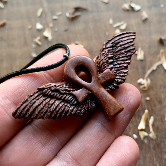 Hand Carved Ankh with Wings Necklace, Almond Wood Pendant