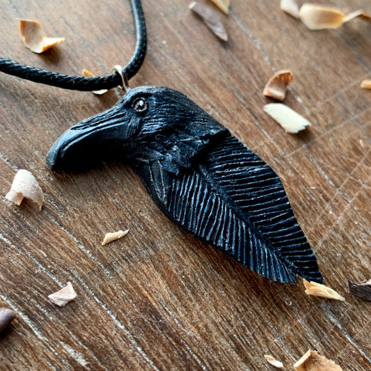 Raven Head_Feather Walnut Wood Pendant