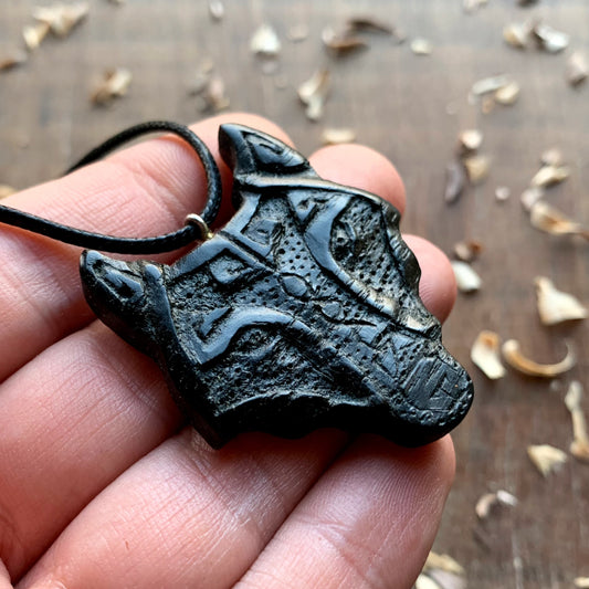 Viking Wolf Necklace, Norse Style Wolf Bog Oak Wood Pendant