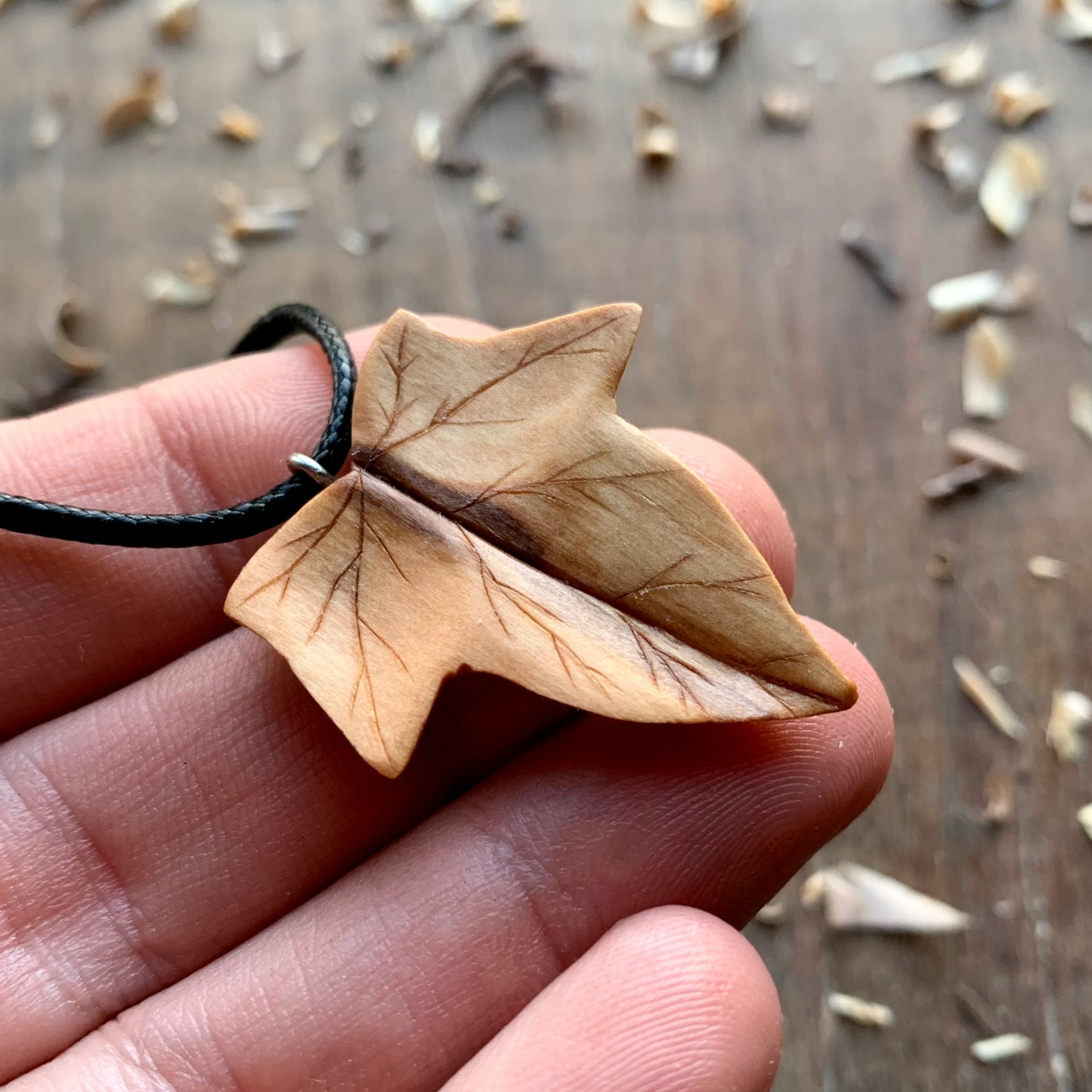 Ivy Leaf Walnut and Olive Wood Pendant