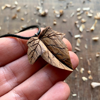 Ivy Leaf Walnut and Olive Wood Pendant