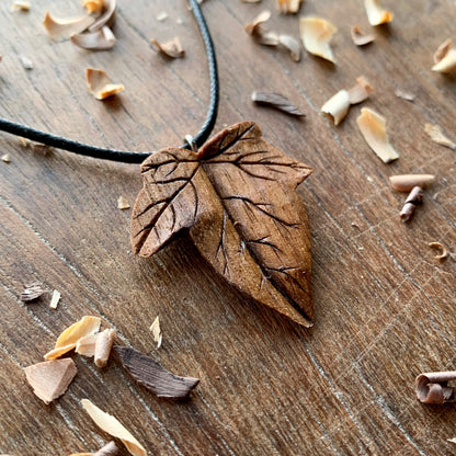 Ivy Leaf Walnut and Olive Wood Pendant