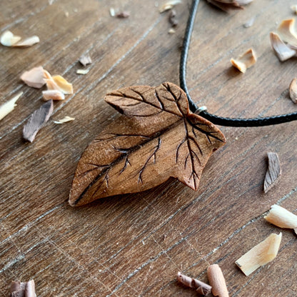 Ivy Leaf Walnut and Olive Wood Pendant