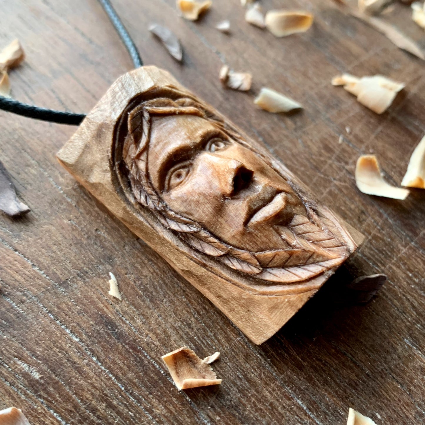 Green Man Walnut Wood Pendant