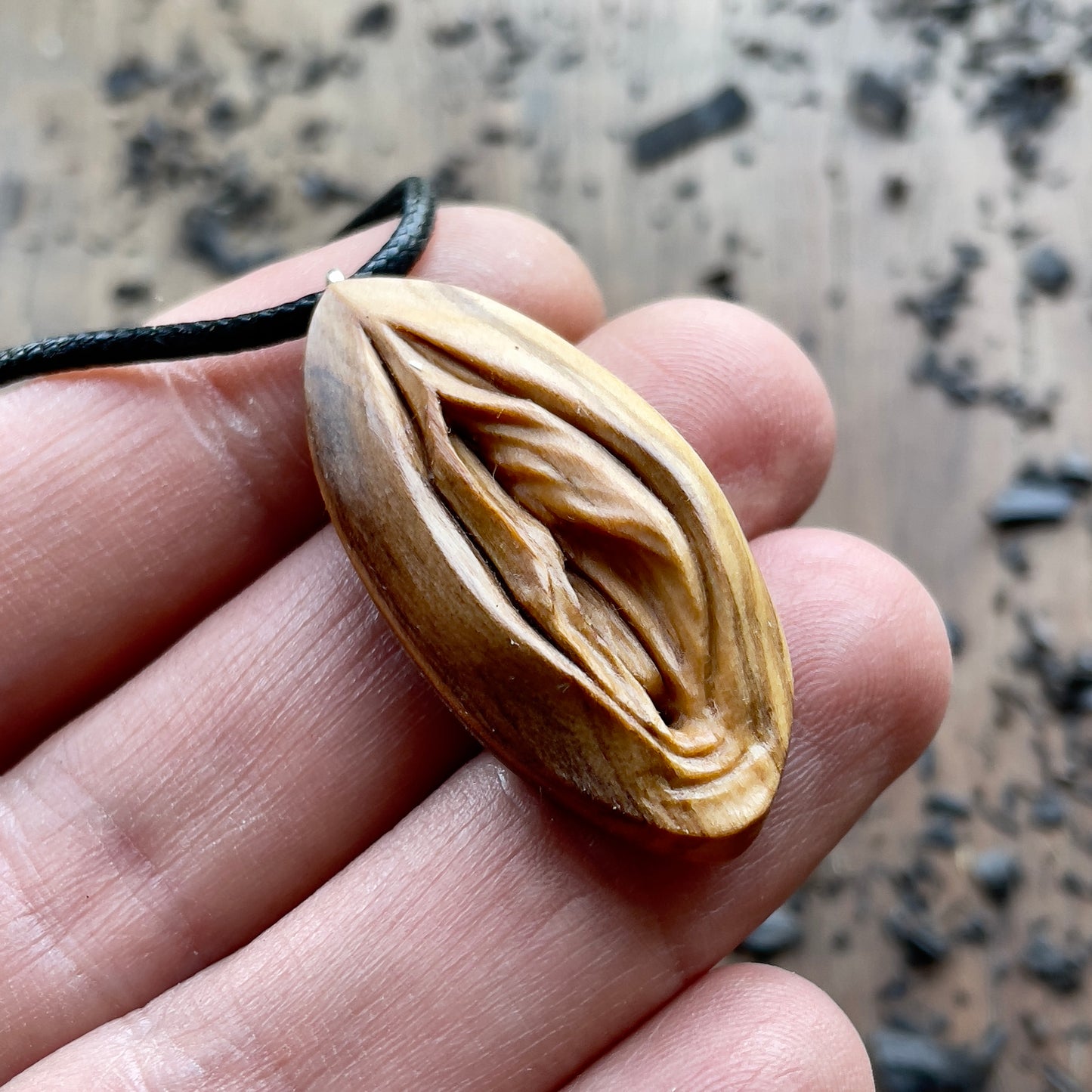 Vulva Pendant in Olive Wood