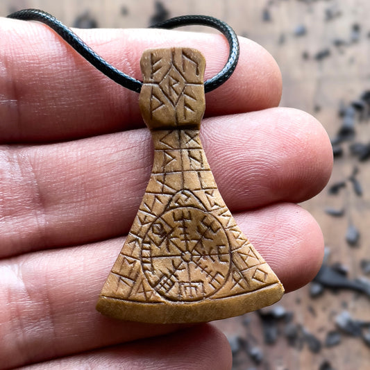 Viking Axe With Runes And Vegvisir Pendant