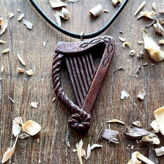 Celtic Harp Red Mahogany Wood Pendant