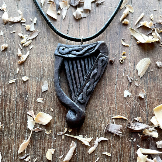 Celtic Harp Walnut Wood Pendant