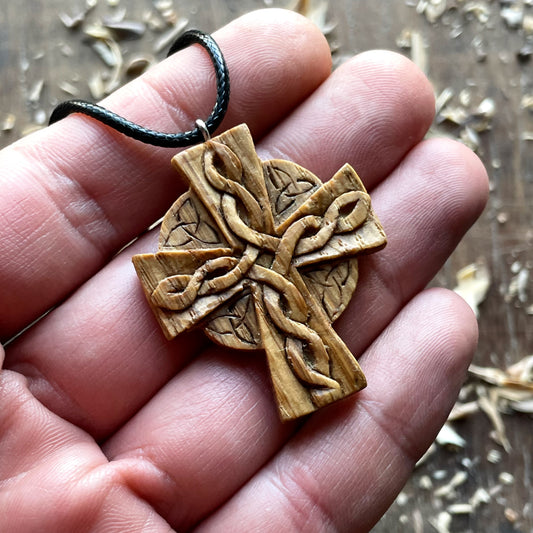 Celtic Cross Triquetra Oak Wood Pendant