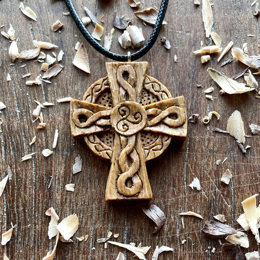 Celtic Cross Triskelion Oak Wood Pendant