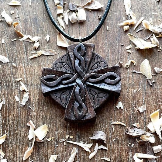 Celtic Cross Triquetra Walnut Wood Pendant