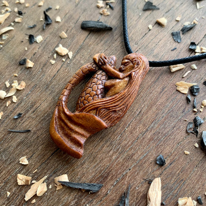 Hand Carved Siren Necklace, Mermaid Plum Wood Pendant