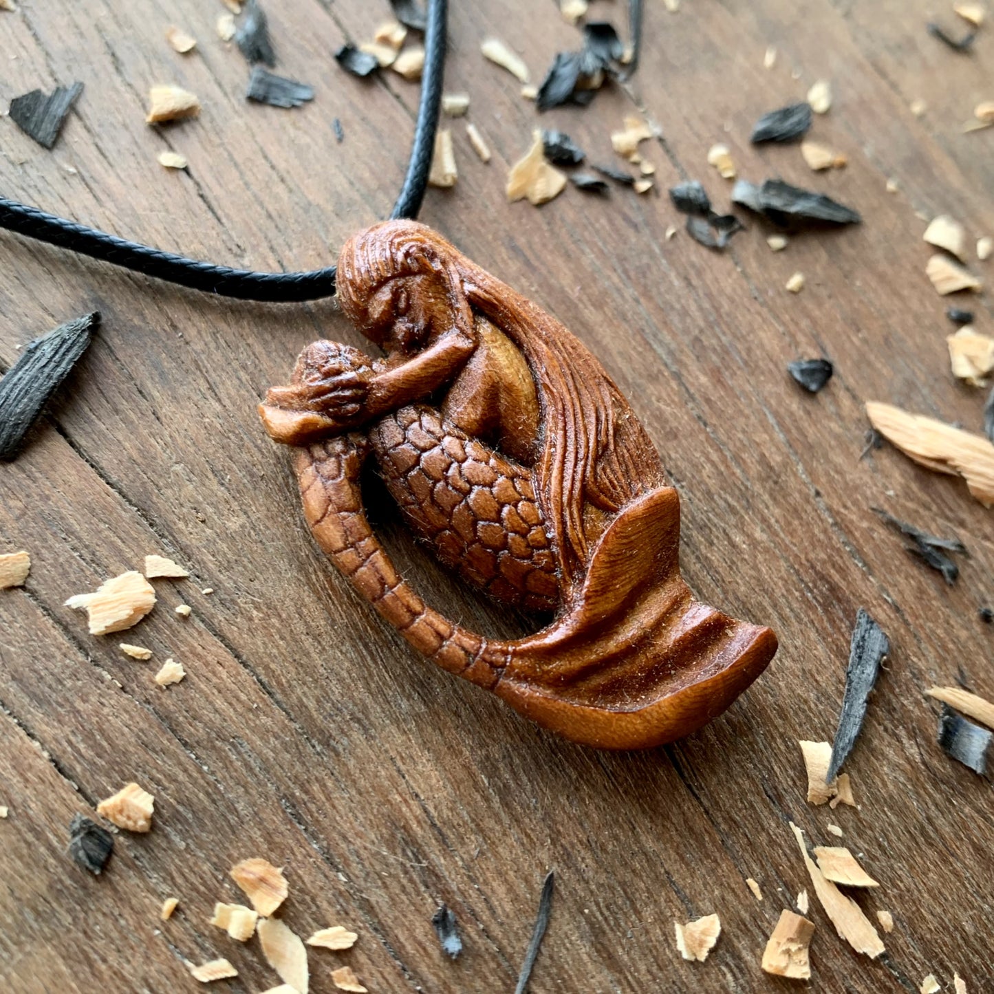 Hand Carved Siren Necklace, Mermaid Plum Wood Pendant