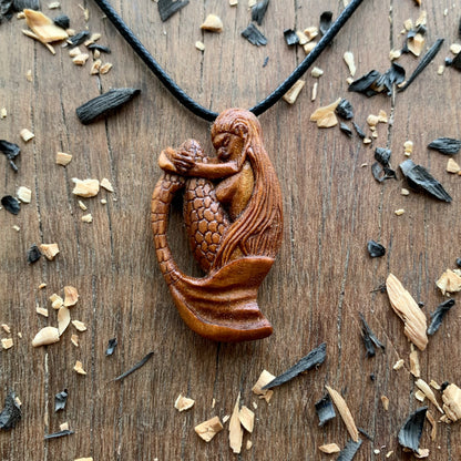 Hand Carved Siren Necklace, Mermaid Plum Wood Pendant