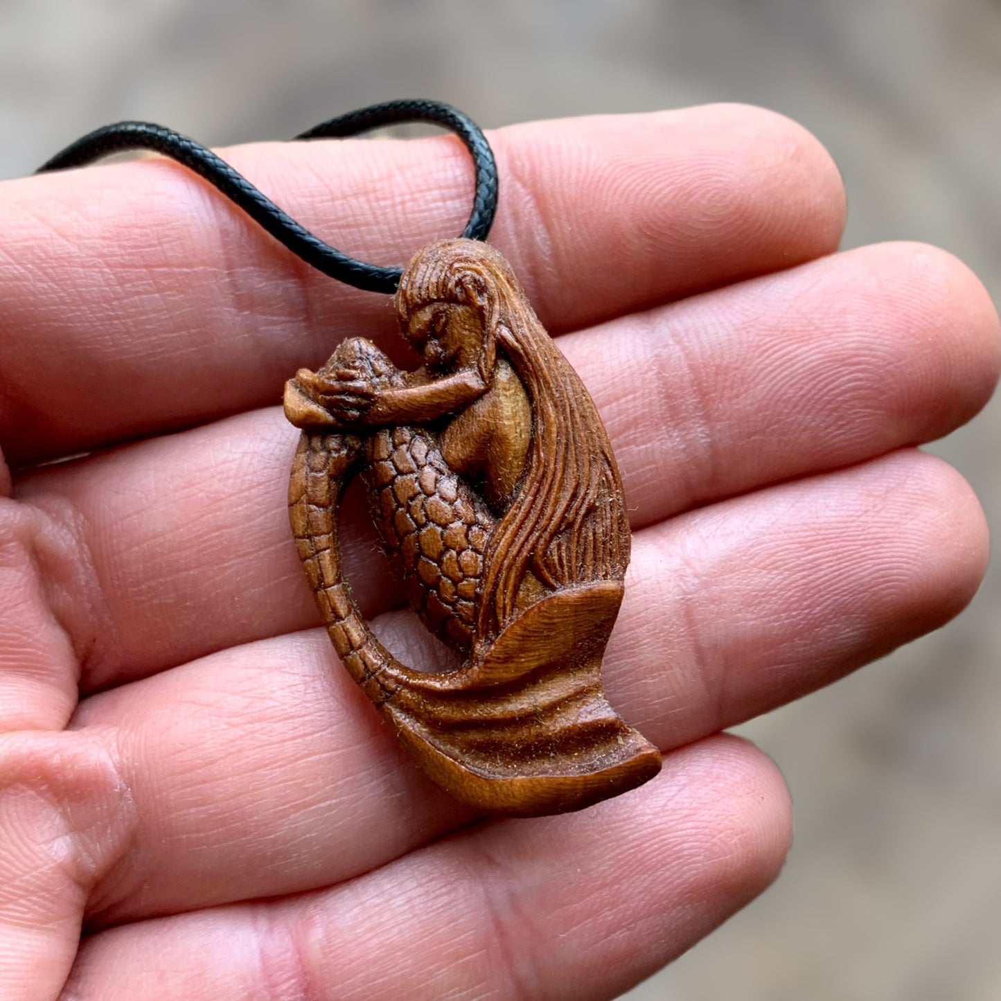 Hand Carved Siren Necklace, Mermaid Plum Wood Pendant