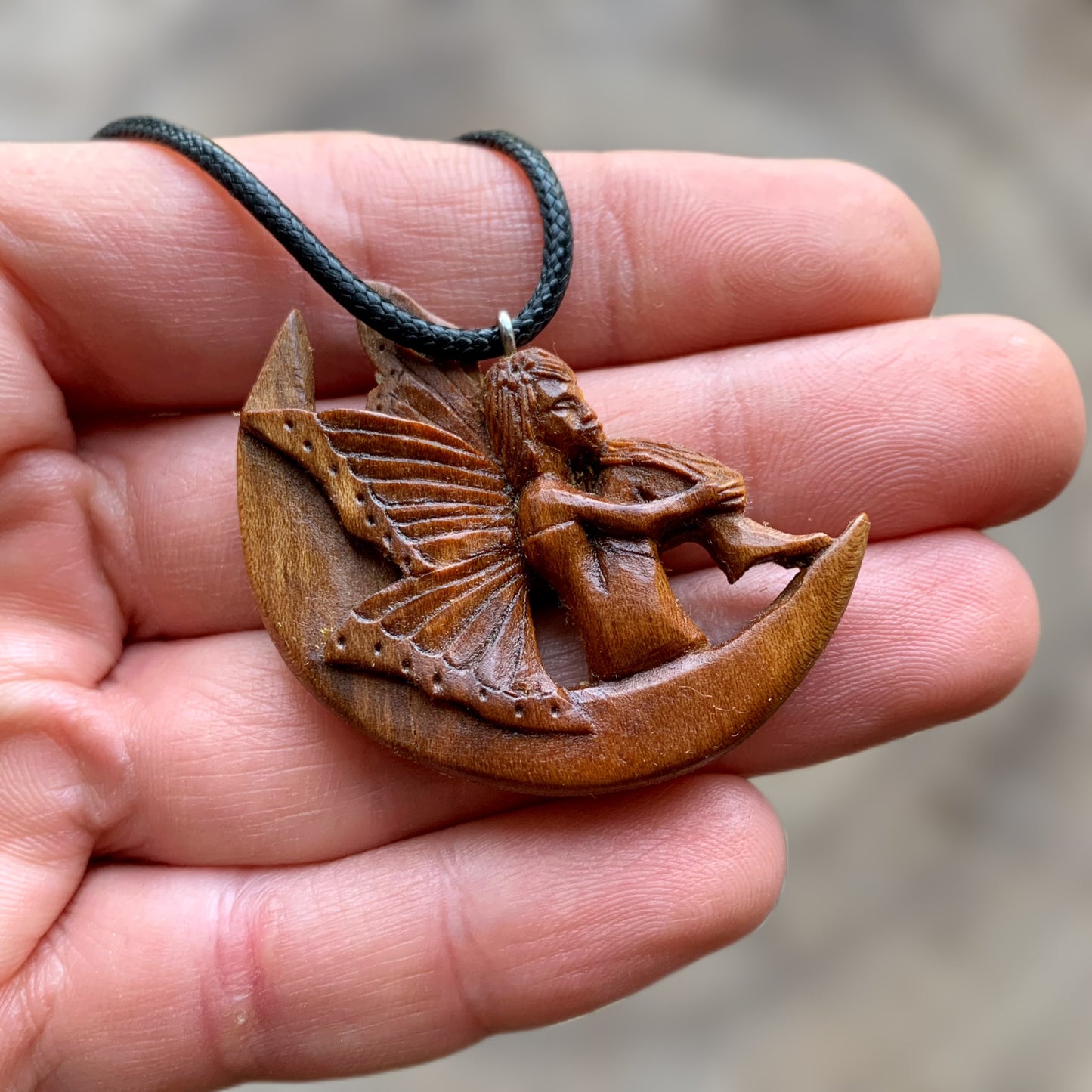 Fairy On The Moon Plum Wood Pendant