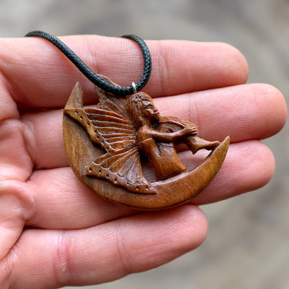 Fairy On The Moon Plum Wood Pendant