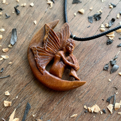 Fairy On The Moon Plum Wood Pendant