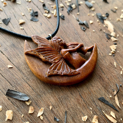 Fairy On The Moon Plum Wood Pendant