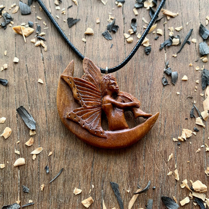 Fairy On The Moon Plum Wood Pendant