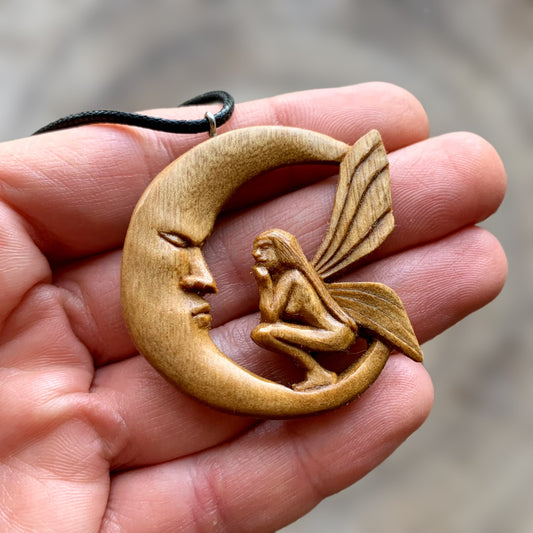 Fairy On The Moon Walnut Wood Pendant