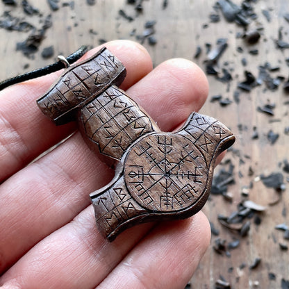 Mjölnir (Thor’s Hammer) Rune Pendant - Vegvísir or Helm of Awe