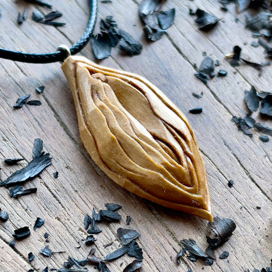 Abstract Vulva Pendant in Olive Wood