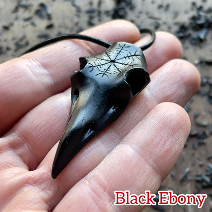 Raven Skull Helm Of Awe Ebony Wood Pendant