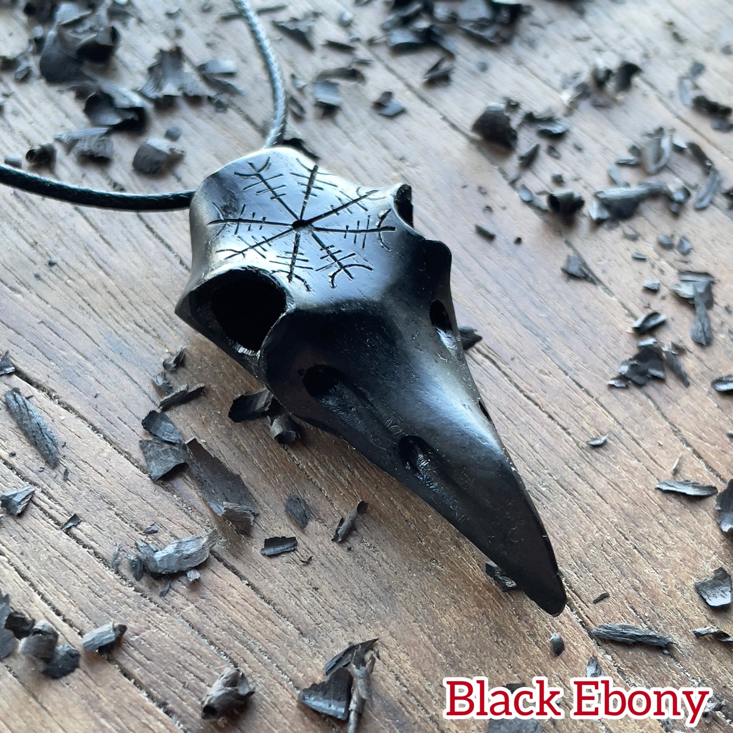 Raven Skull Helm Of Awe Ebony Wood Pendant