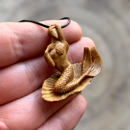 Siren on Shell Necklace, Hand Carved Walnut Wood Mermaid Pendant