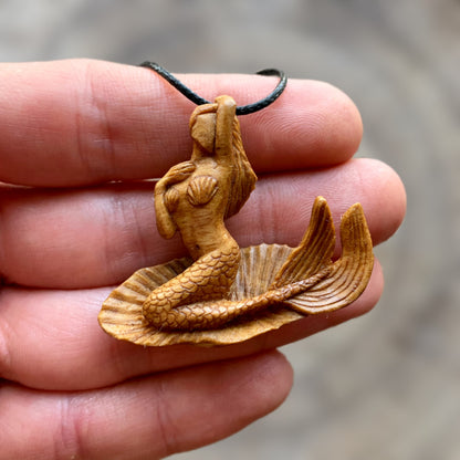 Siren on Shell Necklace, Hand Carved Walnut Wood Mermaid Pendant