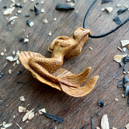 Siren on Shell Necklace, Hand Carved Walnut Wood Mermaid Pendant