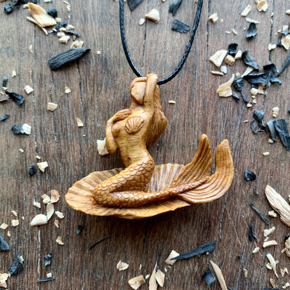 Siren on Shell Necklace, Hand Carved Walnut Wood Mermaid Pendant