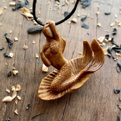 Siren on Shell Necklace, Hand Carved Walnut Wood Mermaid Pendant