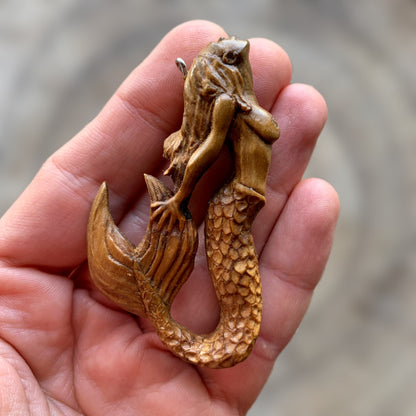 Hand Carved Siren Pendant, Walnut Wood Mermaid Necklace