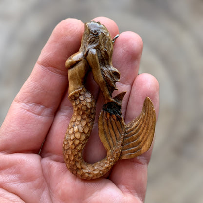 Hand Carved Siren Pendant, Walnut Wood Mermaid Necklace