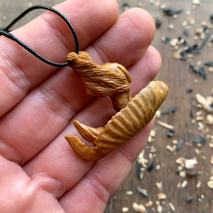 Siren on Shell Necklace, Hand Carved Walnut Wood Mermaid Pendant