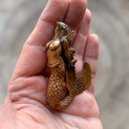 Hand Carved Siren Pendant, Walnut Wood Mermaid Necklace