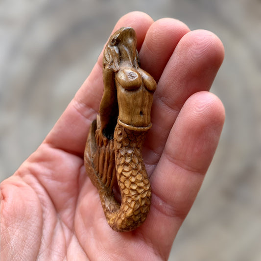 Hand Carved Siren Pendant, Walnut Wood Mermaid Necklace