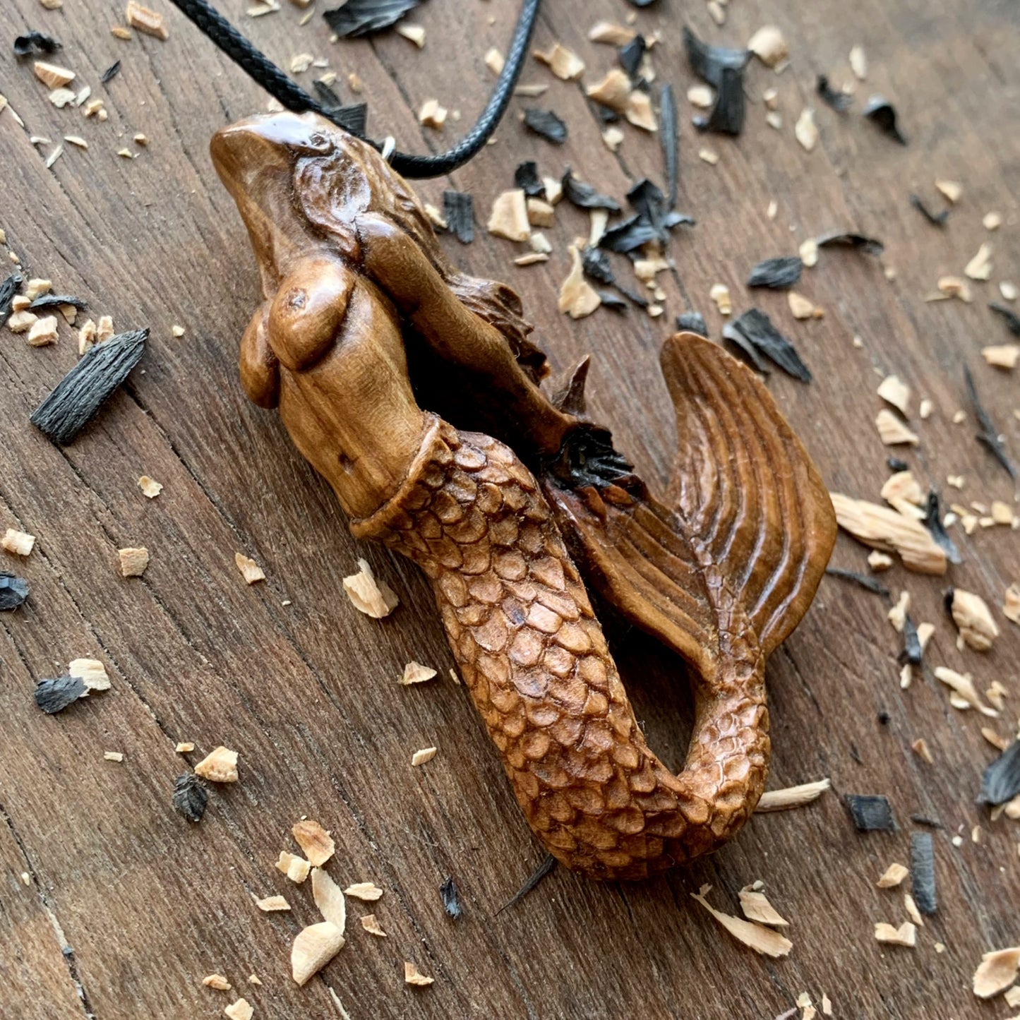 Hand Carved Siren Pendant, Walnut Wood Mermaid Necklace