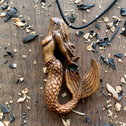 Hand Carved Siren Pendant, Walnut Wood Mermaid Necklace