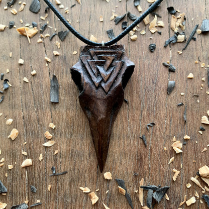 Raven Skull Valknut Wood Pendant