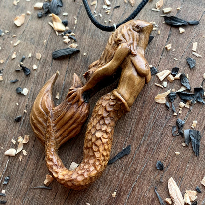 Hand Carved Siren Pendant, Walnut Wood Mermaid Necklace