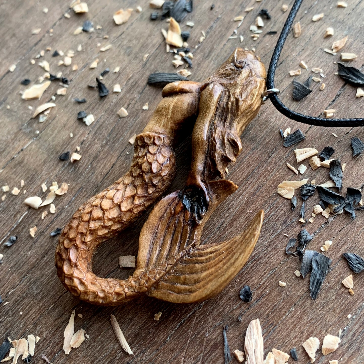 Hand Carved Siren Pendant, Walnut Wood Mermaid Necklace