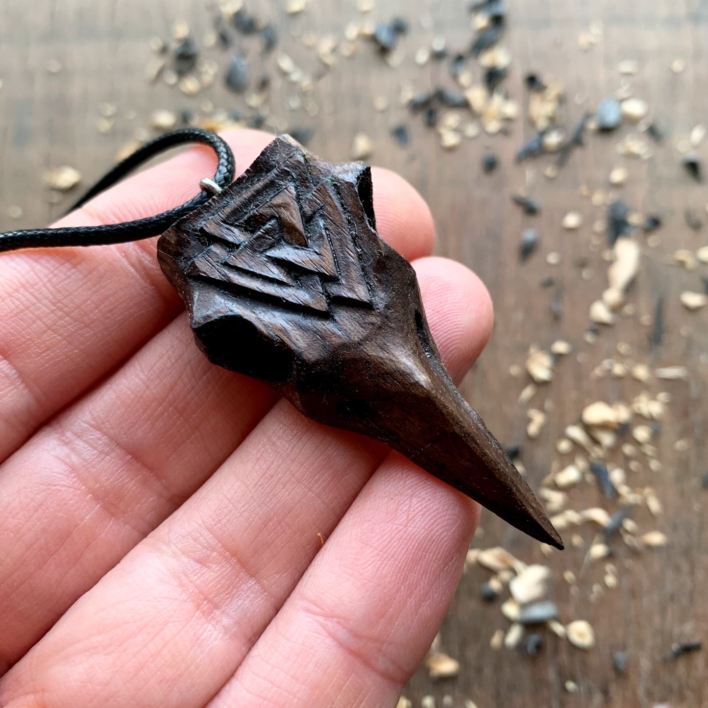 Raven Skull Valknut Wood Pendant