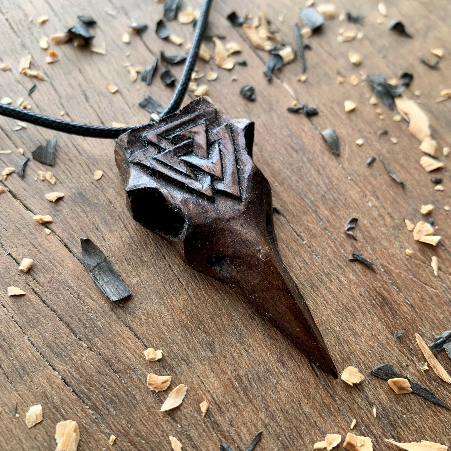 Raven Skull Valknut Wood Pendant