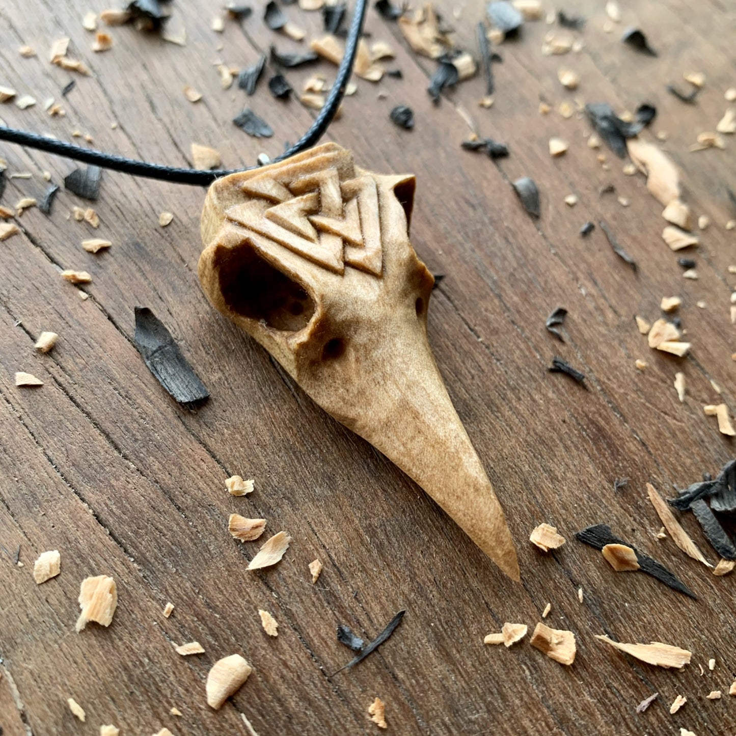 Raven Skull Valknut Wood Pendant